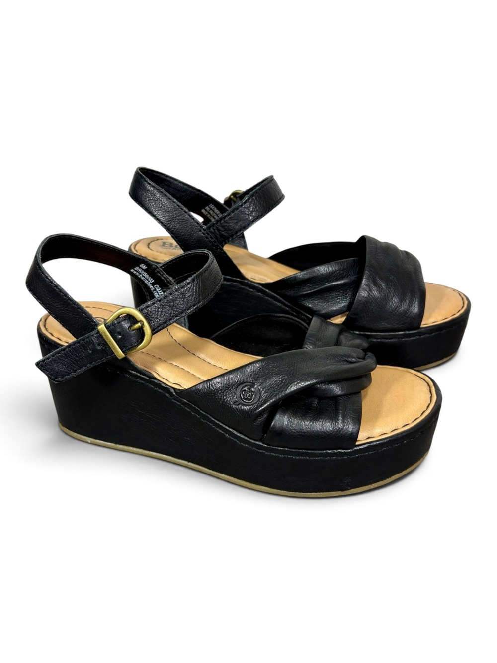 Born Black Leather Knotted Wedge Sandals with Ankle Strap- woman’s 6 M